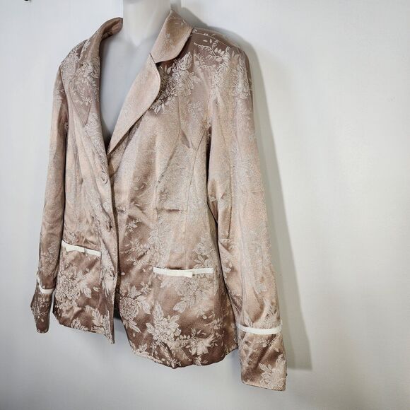 Susan Graver Jacket Large Floral Jacquard Ribbon Trim Button Tan Gold A44774 - Picture 5 of 14